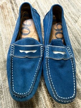 1901 Blue Suede Penny Loafers with White Stitching